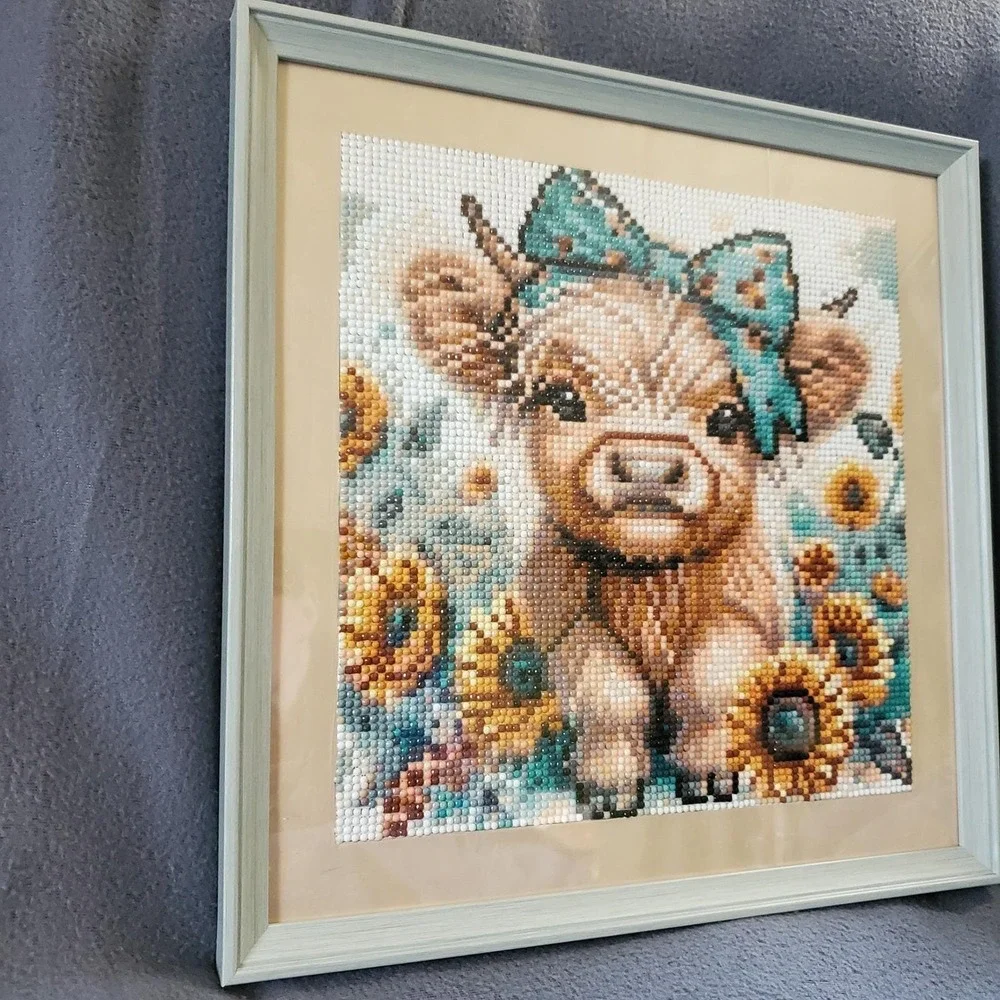 Highland Cow Diamond Painting Completed&Framed Sunflower Farmhouse Decor 12.5in